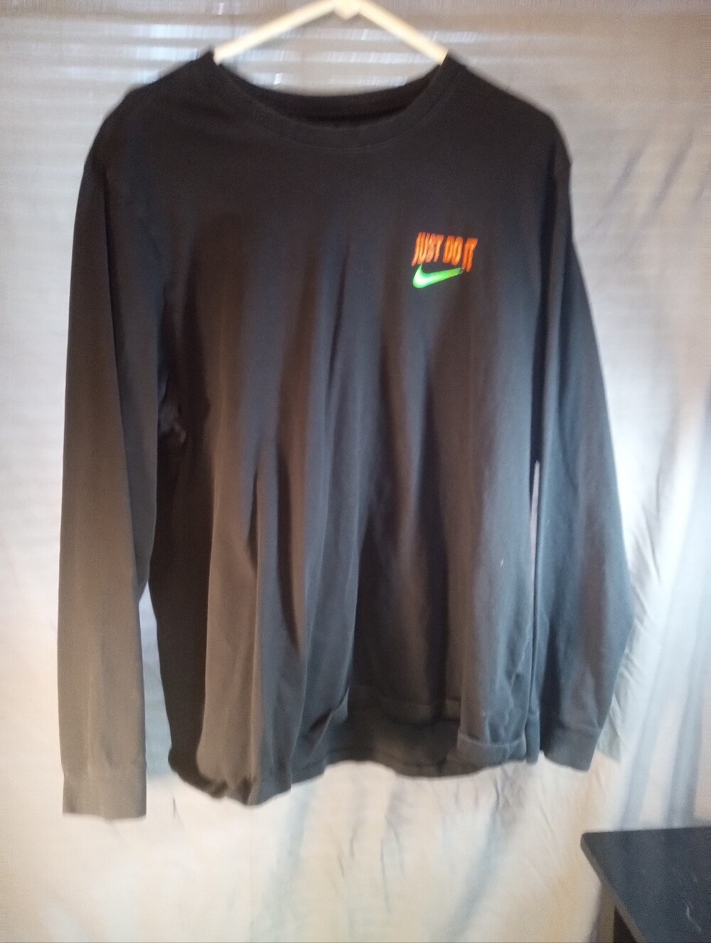 Nike Black Long Sleeve Tee with Neon Orange 'Just Do It' and Green Swoosh
